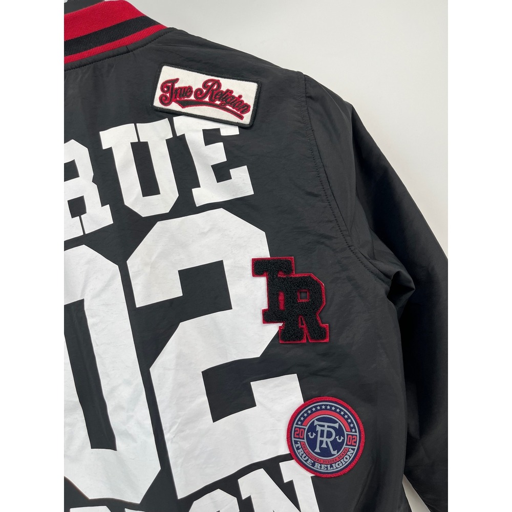 True Religion Varsity Jacket Mens Large Black Red Patchwork Bomber 02 Letterman - Picture 5 of 9